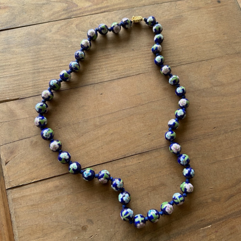 Vintage Chinese Cloisonne Beaded Necklace 25" Blue Floral Enamel Hand Knotted